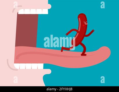 La saucisse s'écoule de la bouche. Nourriture échapper à la bouche. Illustration du vecteur de course à pied de saucisse. Illustration de Vecteur