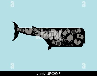 Cachalot et ordures dans l'océan. Concept de pollution des océans et de l'environnement Illustration de Vecteur