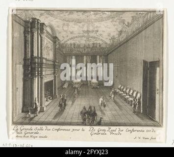 La grande salle de conférence de la maison ter Nieuburch à Rijswijk, 1697; la grande salle de conférence du général Vreede; série de seize petits estampes sur la maison de Nieutch à Rijswijk et les négociations de paix, 1697. La grande salle de conférence de la maison Ter Nieuburch à Rijswijk, avec une rangée de sièges contre le mur droit, une grande cheminée sur la gauche. Plafond décoré de putti et de guirlandes. Dans la légende les deux titres en français et néerlandais. Partie (imprimer 7) de la série de seize petits tirages sur la maison de Nieutch à Rijswijk et les négociations de paix qui y ont eu lieu Banque D'Images