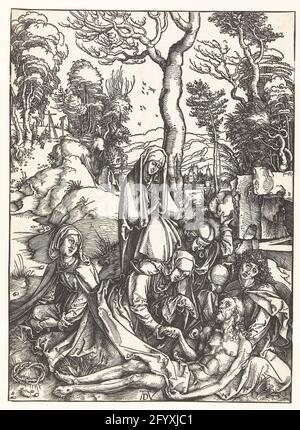 La mise en service; la grande passion. Le corps du Christ est considéré par cinq femmes (dont Maria) et un jeune homme (Jean l'évangéliste) près de sa tombe. Cet imprimé fait partie de la série imprimée « de Grote Passie », composée d'un titre imprimé et de 11 scènes de l'histoire de souffrance. Banque D'Images