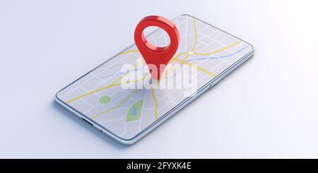 Navigation, concept de l'application GPS pour téléphone mobile.emplacement du pointeur de carte épingle de couleur rouge sur un smartphone isolé sur fond blanc. illustration 3d Banque D'Images