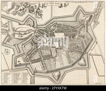 Carte de la ville de Goes. Carte de la ville de Goes. Deux anges tiennent les armoiries de la ville de Goes. À côté d'elle un bandérole avec le nom de la ville. Sur la gauche, une légende de 1-30. Banque D'Images