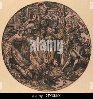 Le Judaskus, la passion ronde. À partir d'une série de douze tirages. Image encadrée. Judas côte Christ fasciné par les soldats. Pierre à l'épée relevée, attaque Malchus. Banque D'Images