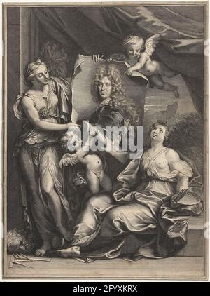 Portrait de Pierre Vincent Bertin. Deux femmes comme la peinture des personnifications et la sculpture roulent avec deux putti un portrait de Pierre Vincent Bertin (1653-1711). Banque D'Images