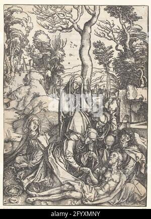 La mise en service; la grande passion. Le corps du Christ est considéré par cinq femmes (dont Maria) et un jeune homme (Jean l'évangéliste) près de sa tombe. Texte latin imprimé sur verdow. Cet imprimé fait partie de la série imprimée « de Grote Passie », composée d'un titre imprimé et de 11 scènes de l'histoire de souffrance. Banque D'Images