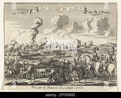 Siège de Gand par les Français, 1678; la ville de Gand. Siège de la ville de Gand par l'armée française sous le roi Louis XIV La ville a été prise le 9 mars 1678. Au premier plan des officiers français à cheval, à la distance de Gand. Banque D'Images