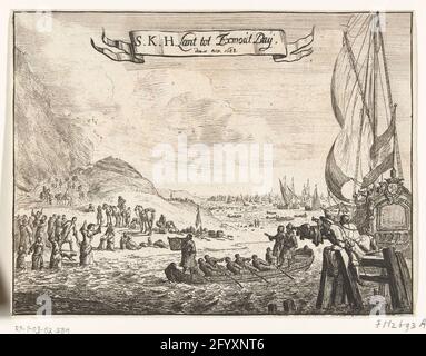 Débarquement du prince à Exmouth Bay, 1688; S.K.H. De Lant à Exmout Bay, le 15 novembre. 1688; quatre plaques sur l'atterrissage et la réception de Willem III en Angleterre en 1688. Le prince Willem III et son armée vont atterrir à la ville de Brixham. La population locale marche dans l'eau pour l'accueillir, le 15 novembre 1688. Banque D'Images