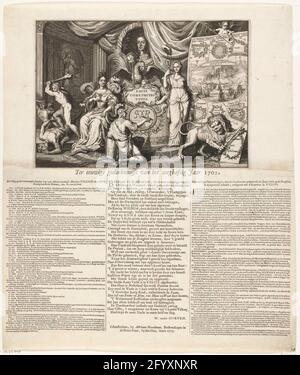 Allégorie sur les victoires alliées en l'an 1702; pour une mémoire éternelle de l'année Zeeghial 1702. Allégorie sur les victoires alliées sur les Français en l'an 1702. Le buste du roi Willem III mort dans une couronne de Laurier avec légende, la reine Anna est assise sur son trône et Hercules échantillonne fermement; à droite la liberté avec le lion hollandais sur une scène de victoire dans la bataille maritime dans la baie de Vigo. Au-dessous de l'impression se trouve une feuille coincée avec des liens une liste des actions principales de Willem III, au centre d'un verset et et à droite un aperçu des victoires en 1702. Banque D'Images