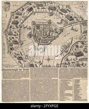 Siège et prise de tombe par Maurits, 1602; Afconterfeytinghe der Stercke Stadt grave / avec tous ses bollewercken / sacs et greffes (...). Siège et admission de la ville de tombe par l'armée d'État sous le Prince Maurits, 18 juillet - 20 septembre 1602. Carte de la tombe avec l'omchanter à travers les troupes du prince. En haut à gauche, les bras des États généraux, en haut à droite de la ville de grave. Imprimé séparément sous l'affiche un texte néerlandais en 3 colonnes, avec la légende A-Z et A-U. Banque D'Images