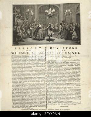 Bal des princes européens, 1742; message du SolemNeele ball, qui a tenu les potentats de l'Europe sur la salle allemande Groote / ouverture du Bal Solemnel, que les puissances de l'Europe, Dissen a la Grande salle allemande. Le bal solennel des princes européens, 1742. Ballon donné par le Keurvorst de Bavière dans une salle de bal illuminée par des bougies dans lesquelles l'Aartshertotin central Maria Theresia danse avec le roi Frederik van Prusse. Theodor von Neuhoff, roi de Corse, danse en costume d'arlequin. Autres princes Watch. Allégorie sur la guerre de succession autrichienne. Sur la feuille sous la plaque, texte wi Banque D'Images