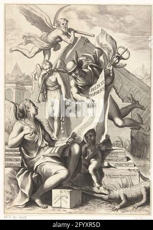 Mercury découvre l'histoire du mystère de l'Égypte; page de titre pour: A. Kircher, Obeliscvc Pamphilivs, Rome: 1650. Le mercure s'élargit avec les pieds ailés et les pétases ailés. Dans sa main, il tient le caducée. Une bannière avec du texte est suspendue au-dessus du caducée. Une jeune femme, lisant dans un livre, le regarde et écoute son explication. Banque D'Images