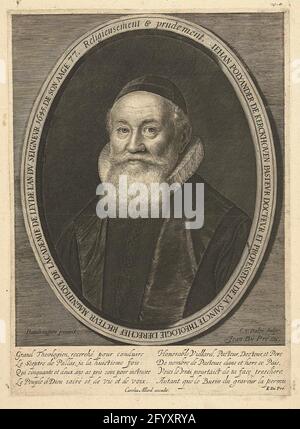 Portrait de Johannes Polyander van Kerkhoven à l'âge de 77 ans; Iehan Polyander de Kerckhoven (...) L'âge du fils 77. Portrait de Johannes Polyander de Kerkhoven à l'âge de 77 ans, poitrine au pasteur vêtu de robe avec voiture pliante. En haut du cadre ovale se trouve une devise : Religiousiement & Proudement. Dans la marge sous un verset de E. Dupré. Banque D'Images