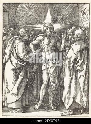 Tomas incroyant; la petite passion. Les Tomas de Discipel se sentent sur la plaie en soie du Christ entourée par les autres disciples. Cet imprimé fait partie de la série d'imprimés « de Kleine Passie », composée d'un titre imprimé et de 36 scènes bibliques (principalement issues de l'histoire de souffrance). Banque D'Images