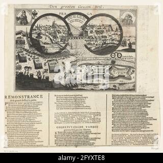 Dessin animé sur l'apport du chapeau de patch et la chute de Frederik van Bohemia, 1622; Den Grooten Geusen lunettes. Caricature sur la prise par les Espagnols des Schans Papenmuts dans le Rhin le 29 décembre 1622 et la chute de Frederik du Palatinat, roi de Bohême, 1622. Vue sur la ville de Prague, vue à travers de grands verres (le grand geuzenglass) et la défaite de Frederik dans la bataille de Witte Berg (8 novembre 1620). En bas à droite la coque du chapeau de patch, voici de petites lunettes (les papiers). Portrait supérieur de l'empereur Ferdinand II et du Palatensgraaf Frederik V. coincé sous le Banque D'Images