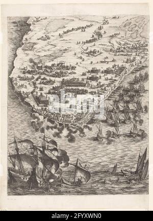 Siège de la Rochelle, septembre 1627-octobre 1628 (carte centrale, partie inférieure gauche). Seizième partie (carte centrale, en bas à gauche) d'un imprimé du siège du Huguenot Bolwerk la Rochelle dans les années 1627 et 1628, qui a été commandé par le roi français par l'armée française sous la direction du cardinal Richelieu. Sur ce magazine une partie de la région autour de la Rochelle, peuplée de nombreuses figurines. Ici et il y a des travaux de siège (Schansen, renforts, sacs et al.) Reconnaissable. Au premier plan et à droite, de nombreux navires au large de la côte. Banque D'Images