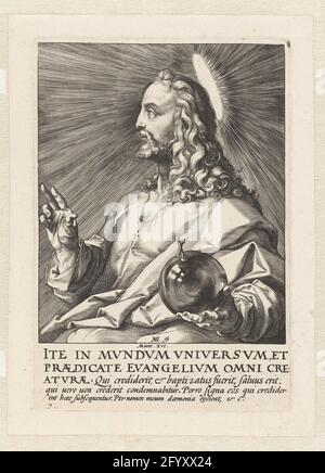 Christ comme salvmundi; Christ, les douze apôtres et le Saint Paul. CHRIST A REÇU, vu à gauche, la main droite a soulevé dans un geste de bénédiction, dans la main gauche une migration. Dans la marge sous l'impression de quelques lignes de latin. Imprimez à partir d'une série de quatorze. Banque D'Images