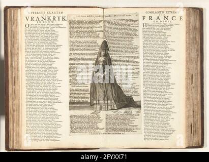 Madame la Maintenon comme la France plaignante, 1706; Extreme se plaint de Vrankryk dans Mourning / plaignants Extémes de la France et shutter; 15. Giosity, ou le plaignant Vrankryk; Bycup à la Koninglyke Almanach, appelé l'année Gulde des alliés, 1706 / 't Lusthof par Momus. Madame la Maintenon comme la France plaignante, debout à pieds, habillée comme une veuve, 1706. Dans l'album tous les versets et inscriptions en néerlandais. Versets imprimés sur la lame de chaque côté de la plaque en néerlandais et en français. Feuille n° 15 (numérotée en haut à droite) dans la série de 25 lames intitulées: Bycup au Kon Banque D'Images