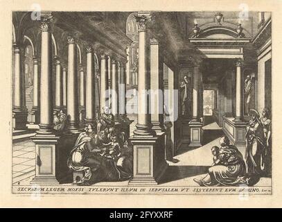 Circoncision du Christ dans le temple; MEMORABILIVM NOVI les testaments dans TemploVM ICONES Trodecim Elegantissimi AC Ornatissimi. Christ est circoncis dans le temple. Zacharias effectue la procédure tandis que Joseph tient l'enfant. Maria et d'autres femmes attendent dans une autre partie du temple. Banque D'Images