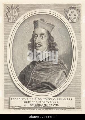 Portrait du cardinal leopoldo le 'medici; effigies Cardinalium Nunc Viventium. Portrait dans une liste ovale de cardinaux leopoldo le 'Medici. Buste à gauche. En haut à gauche, les armoiries du Pape Clemens IX, en haut à droite, les armoiries du Leopoldo de Medici. L'impression comporte une légende latine avec des données sur la photo. Banque D'Images