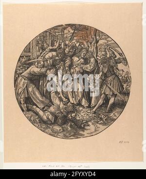 Le Judaskus, la passion ronde. À partir d'une série de douze tirages. Image encadrée. Judas côte Christ fasciné par les soldats. Pierre à l'épée relevée, attaque Malchus. Banque D'Images