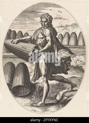 Aristaeus; corps agricoles. Le Sater Aristaeus nettoie les ruches. Il était gardien de but. En arrière-plan une rangée entière avec des ruches et des abeilles qui volent et volent. Banque D'Images