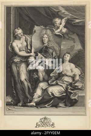 Portrait de Pierre Vincent Bertin. Deux femmes comme la peinture des personnifications et la sculpture roulent avec deux putti un portrait de Pierre Vincent Bertin de (1653-1711). Banque D'Images