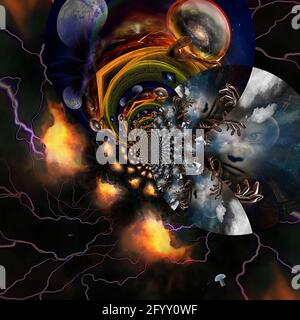 La sculpture à main géante contient la galaxie. Fractale circulaire symétrique. Rendu 3D. Banque D'Images