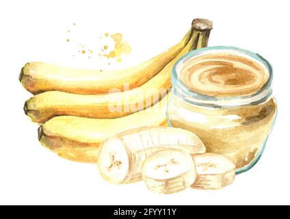 Crème de banane avec bouquet de bananes mûres et tranché. Illustration aquarelle dessinée à la main, isolée sur fond blanc Banque D'Images