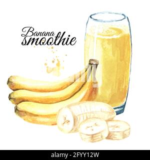 Smoothie à la banane avec bouquet de bananes mûres et tranché. Illustration aquarelle dessinée à la main, isolée sur fond blanc Banque D'Images