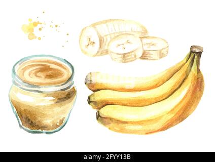 Crème de banane avec bouquet de bananes mûres et tranché un ensemble. Illustration aquarelle dessinée à la main, isolée sur fond blanc Banque D'Images