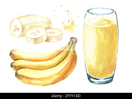 Smoothie à la banane avec verre, bouquet de bananes mûres et tranché un ensemble. Illustration aquarelle dessinée à la main, isolée sur fond blanc Banque D'Images