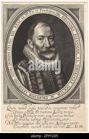 Portrait de Johannes Polyander de Kerkhoven à l'âge de 51 ans. Portrait de Johannes Polyander van Kerkhoven à l'âge de 51 ans, pièce de torréfaction avec col de moulin et robe dans cadre ovale avec inscription latine. Latino frais en six lignes. Banque D'Images