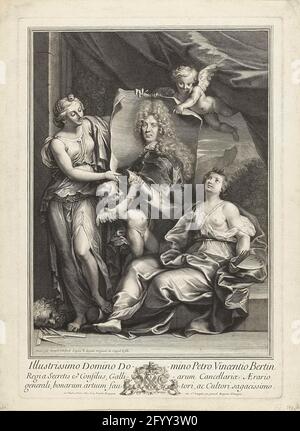 Portrait de Pierre Vincent Bertin. Deux femmes comme la peinture des personnifications et la sculpture roulent avec deux putti un portrait de Pierre Vincent Bertin (1653-1711). Dans la marge trois règles en latin, entre lesquelles une arme avec deux lions. Banque D'Images