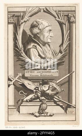 Portrait de Bisshop Otho van Milan; OTHO Archiepiscopvs et ViceComes mediolanensis. Portrait de l'évêque dans une couronne de Laurier, sur les colonnes de chaque côté. Sous le portrait, les attributs de l'évêque comme chef d'église (onglet et croix) et aussi comme chef (épée et couronne). Banque D'Images