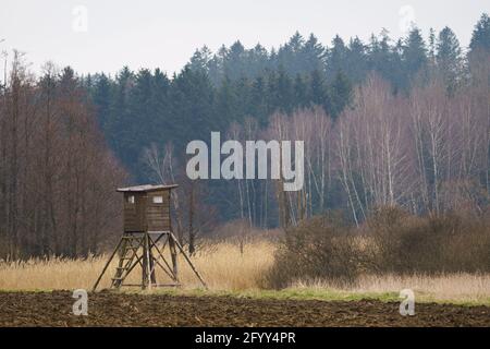 Tour d'observation en bois pour la chasse dans les bois et on meadow Banque D'Images