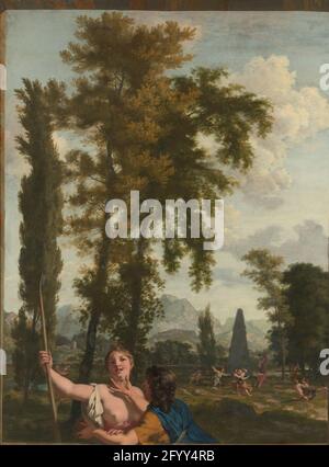 Paysage italien avec berger et Shepardess; Décoration pour une chambre dans la maison de jacob de flines à Amsterdam. Paysage italien avec un couple de berger minnecous et de grands arbres au premier plan. Sur la droite en arrière-plan plus de bergers et de bergers à un obélisque. Partie d'une série de quatre tableaux (SK-A-4213/4216) pour la maison de Jacob de Flines à Herengracht à Amsterdam. Banque D'Images