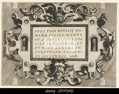 Cartouche avec citation Aristote; Vararum Protractionum (...). Citation: opes tvas dvplici nomine colito: Nempe VTA Magna Iactvra facile à Expedias, .... en cartouche horizontale rectangulaire avec un masque ailé au milieu d'un masque ailé. Au milieu d'une tête de homme avec des lunettes. Arrière-plan ombré. De la série de page de titre et 12 feuilles avec des cartouts avec des citations d'écrivains classiques dans un cadre d'image avec des grotesken, des mascarons et des guirlandes. Banque D'Images