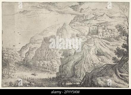 Paysage avec château et rivière; sept paysages. Paysage avec les bonnes montagnes et un château. Au fond des montagnes, une rivière coule dans laquelle coule un petit bateau. Oiseaux dans le ciel nuageux. Banque D'Images
