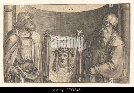 Petrus et Paul avec le Sudarium. Petrus et Paul Halven Disdue, tissu de sueur tenant avec une image de la tête du Christ avec la couronne d'épines. Banque D'Images