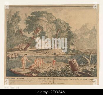 Trois nymphes baignent dans un petit lac; scènes de Vergilius poésie bundle Bouncerca. Illustration pour virgilius ecloga 9. Trois nymphes vont se baigner dans un petit lac dans un paysage arcadique. Banque D'Images