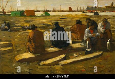 Déjeuner au chantier de la Van Diemenstraat à Amsterdam. Lorsque le canal de la mer du Nord a été terminé en 1876, l'IJ d'Amsterdam est devenu navigable pour les grands paquebots. De nouvelles rues avec des entrepôts, comme le Van Die-menstraat vu dans ce tableau, ont été construites le long des rives du canal. Breitner a représenté des ouvriers de la construction lors de leur pause déjeuner, vu de l'arrière. Ils sont peints avec les mêmes volumes bruts et angulaires que les planches sur lesquelles ils s'assoient et les tentes et voiles en arrière-plan. Banque D'Images