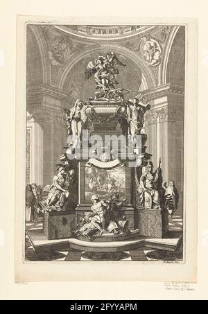 Monument grave avec Victoria et la mort; monuments graves. Le cercueil avec Victoria et la mort est sur un haut piédestal avec un bas-relief et des figures allégoriques, dans une église. Banque D'Images