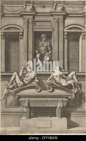 Le tombeau de Giuliano II de’ Medici, duc de Nemours. Michel-Ange a conçu et sculpté les tombes de Giuliano et Lorenzo de’ Medici à San Lorenzo à Florence. Ces chefs-d'œuvre de la sculpture de la Renaissance ont été une source d'inspiration pour des dizaines d'artistes. Le duc de Nemours est représenté au milieu de ce tombeau. Parmi les neuf modèles de Van der Schardt figurent des études de la main gauche et de la jambe droite du duc. Banque D'Images