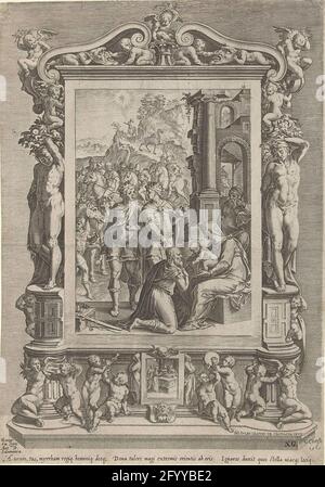 Adorez par les rois. Adorez les rois dans un cadre architectural avec des putti et des anges musicaux. Droit Joseph et Maria avec l'enfant sur vos genoux pour un bâtiment ancien. Les trois rois offrent des cadeaux. Le roi avant est agenouillé, les deux autres se tiennent. Derrière eux une procession avec des cavaliers et des chameaux. Dans le cadre une plaque avec la présentation du Christ dans le temple. Banque D'Images