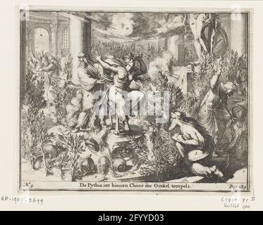 Priestes Pythia dans le temple de Delphes; la Pythia int à l'intérieur des temples de Choor des oracle. Les prêtes Pythia dans le Temple de Delphes. Avec des nombres au niveau des éléments du spectacle qui font référence au texte du livre. Banque D'Images