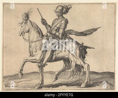 Capitaine de la Cavalerie (Ritmeester); l'école équestre. Un homme chaud à cheval, se déplaçant à gauche, avec un poêle de commande dans la main droite (un maître rythmique). Cet imprimé fait partie d'une série de 22 imprimés numérotés : un imprimé de titre, 20 imprimés sur lesquels un ou quelques types différents de riders (les plus cordés) sont présentés, et un imprimé avec un combat équestre. Banque D'Images