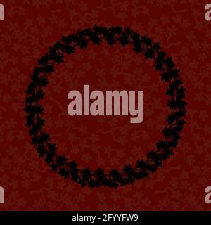 Couronne de fleurs colorées. Couronne délicate de branches de sakura. Fleurs fleuries dessinées à la main, cadre circulaire de couleurs noires fleurs sur fond bordeaux. Banque D'Images