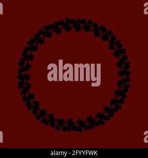 Couronne de fleurs colorées. Couronne délicate de branches de sakura. Fleurs fleuries dessinées à la main, cadre circulaire de couleurs noires fleurs sur fond bordeaux. Banque D'Images