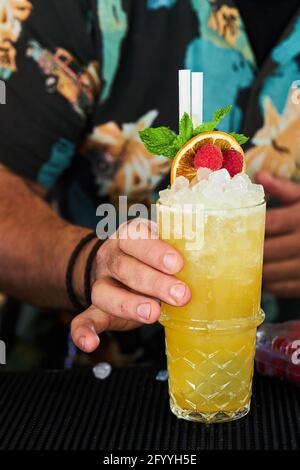 Barman non reconnaissable décorant jus d'orange frais et cocktail de rhum avec citron et menthe séchés pendant le travail au bar Banque D'Images