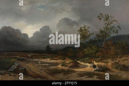Paysage avec un Thunderstorm Brewing. C'est un paysage vraiment romantique, plein de drame et de contrastes saisissants. Le cavalier tient sur son chapeau, tout en cherchant un abri de la tempête de tonnerre imminente. Les derniers rayons du soleil brillent encore sur le sol, mais la tempête et la pluie progressent rapidement. L’approche de Roelofs dans ce premier travail est toujours romantique : plus tard, il a opté pour un rendu plus réaliste du paysage. Banque D'Images